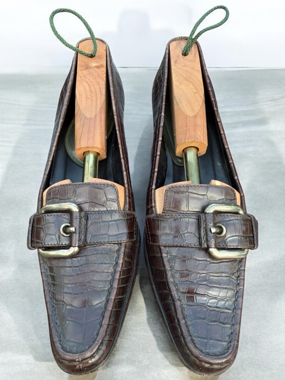 Prada Buckle Crocodile Embossed Heeled Loafer in Brown Leather 90’s Y2K